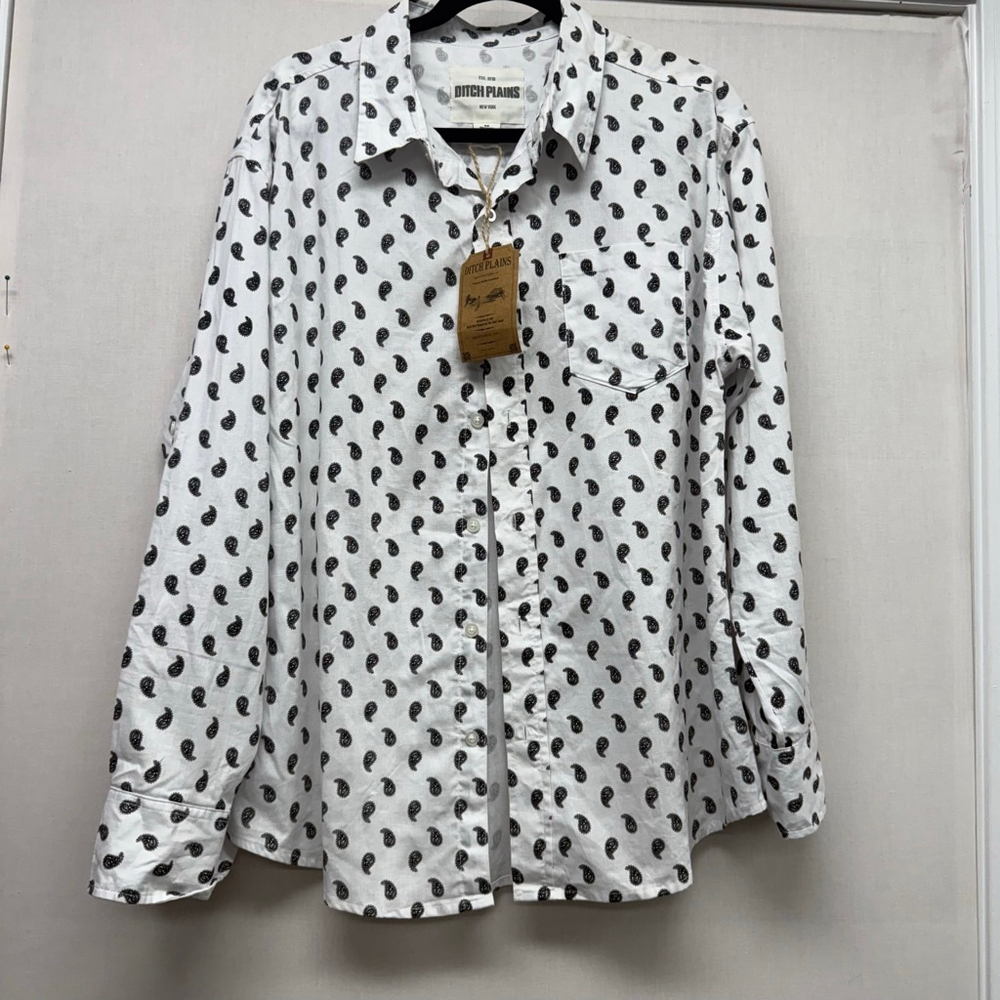 Men's Ditch Plains White Black Paisley Casual Button Down Shirt M